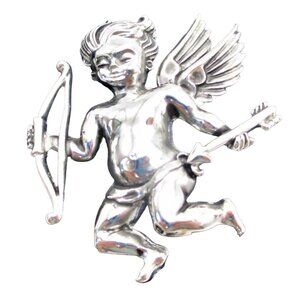 Cherub Angel Brooch Pin With Bow & Arrow - Vintage Silvertone Costume Jewelry